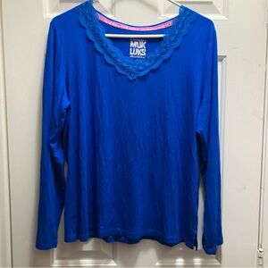MukLuks Womens S Blue Long Sleeve Lace Trim V Neck Peatal Knit Lounge Top
